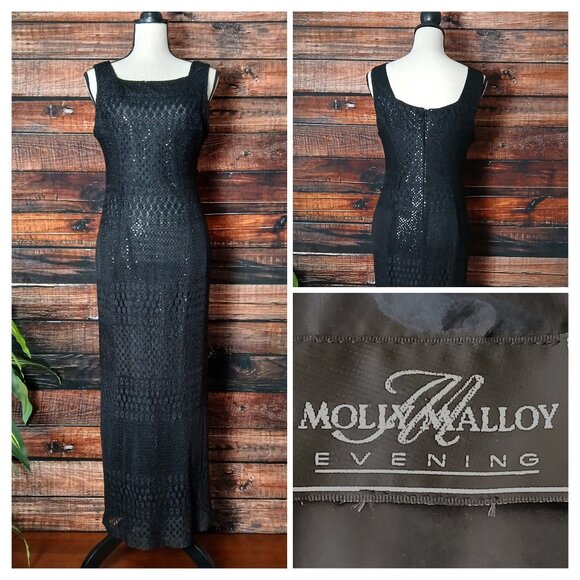 Molly Malloy Evening Dress 10 Vintage 90s Maxi Black Sequin Zip Slit US Made - Picture 1 of 11